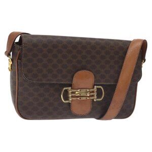 Authentic CELINE Macadam Canvas Shoulder Bag PVC Leather Brown Gold